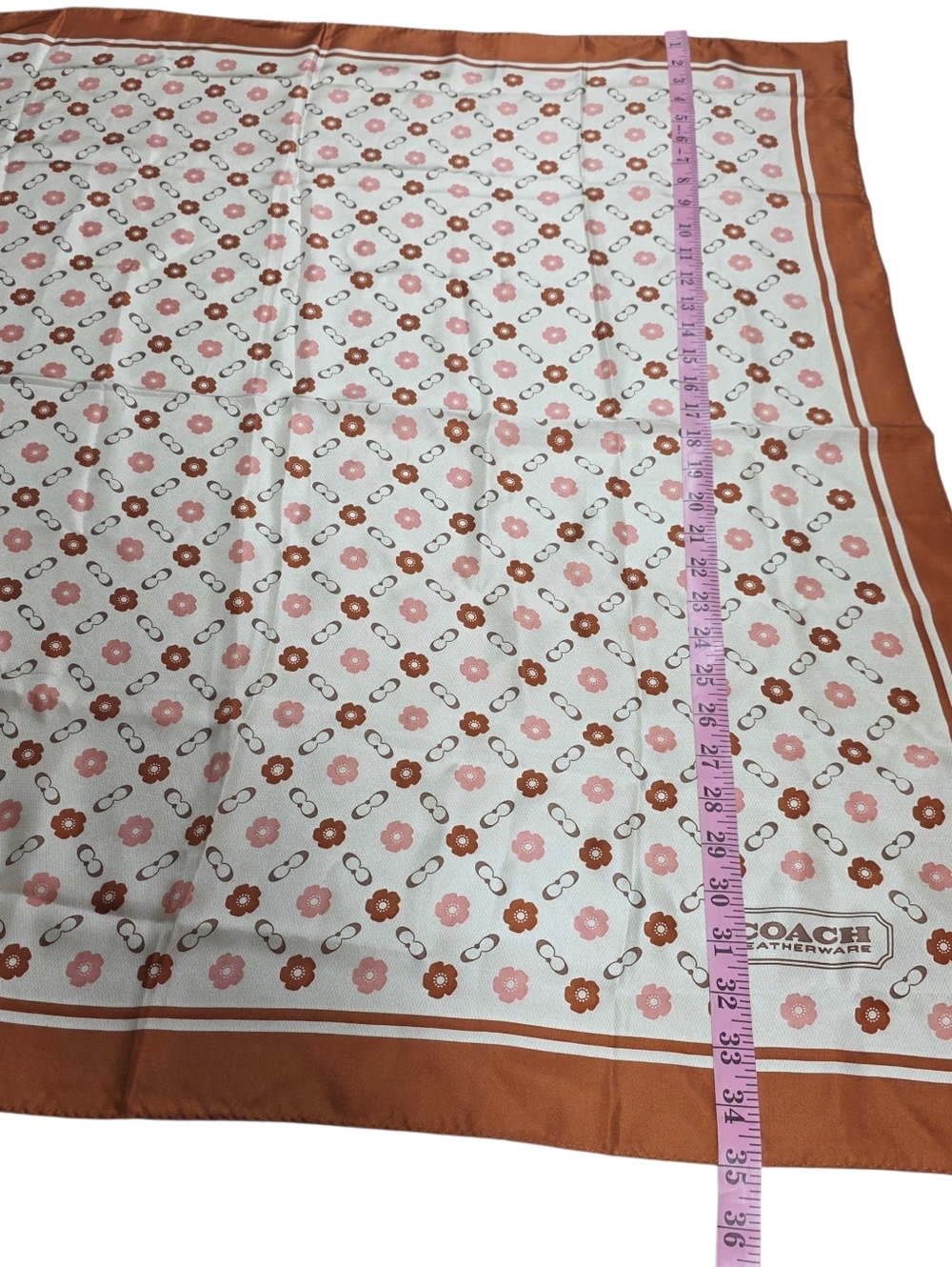 Coach Women's Scarf with Floral Print in Brown and Cream, Silk-Effect - Picture 9 of 13